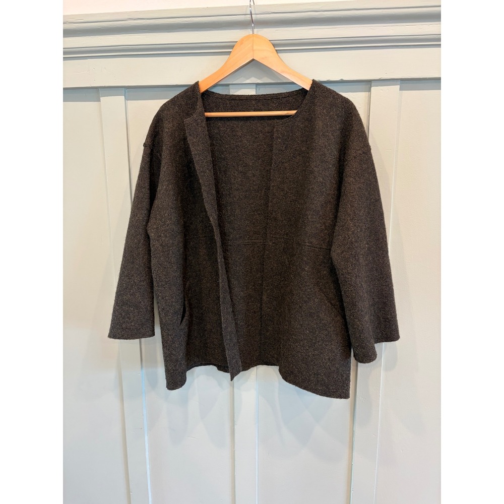 Eileen Fisher Alpaca Wool Open Front Cardigan Jacket Charcoal Green